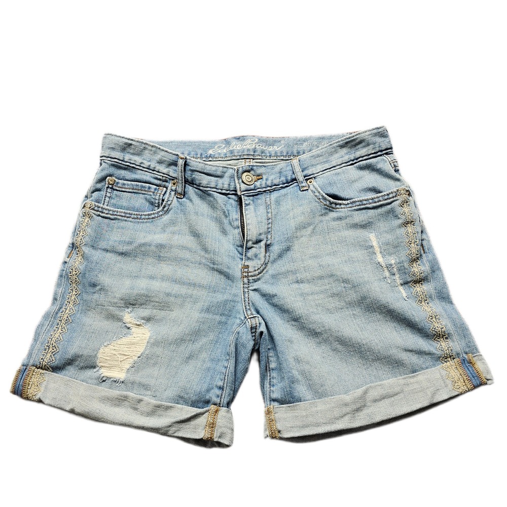 Eddie Bauer Jean Shorts Womens 6 Blue Denim Boyfriend Fit Distressed Cuffed Hem‎